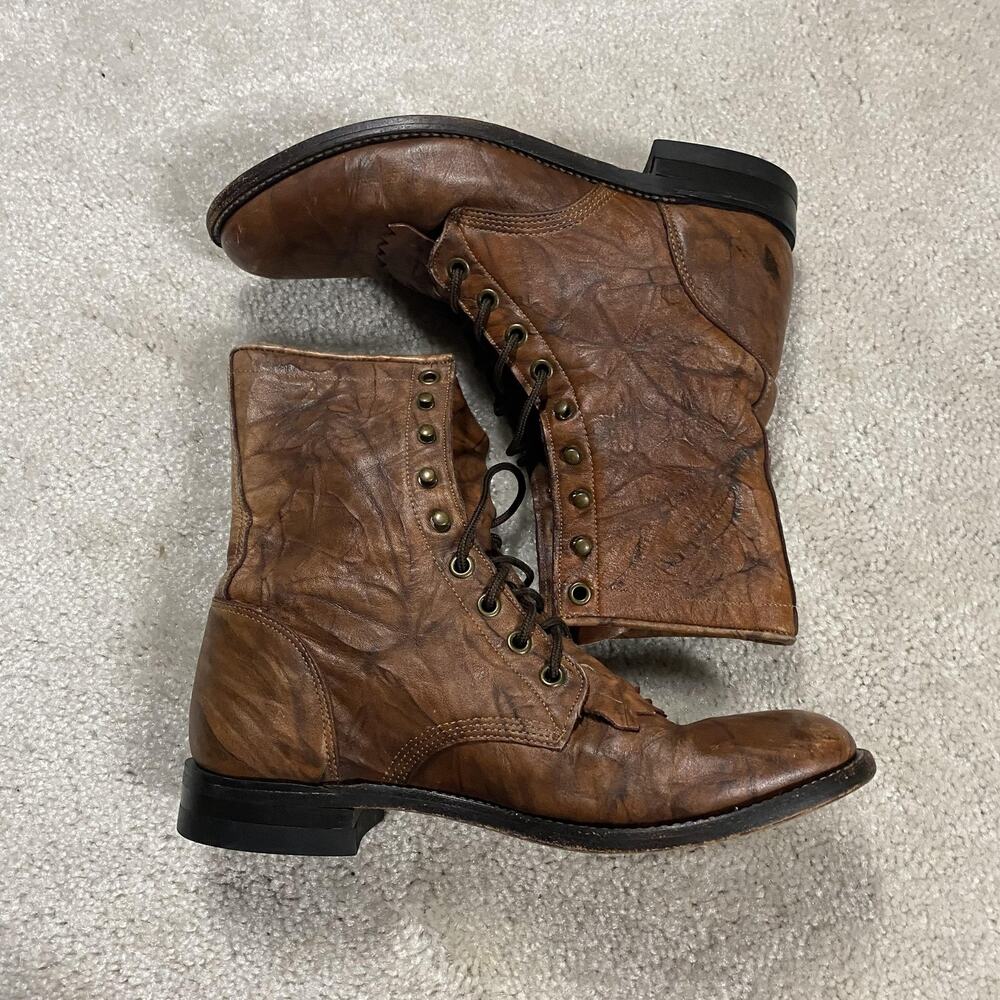 Justin Boots Womens 7 Brown Leather Lace Up Fringe Western Ankle Granny Kiltie